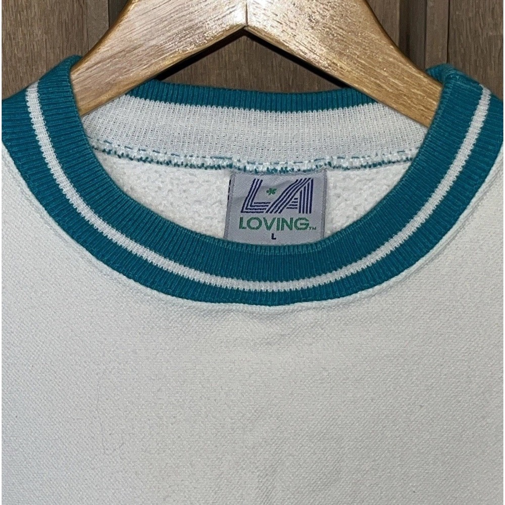 Vintage 90s LA LOVING Textured Knit Crewneck Sweatshirt Men's L White Teal USA‎